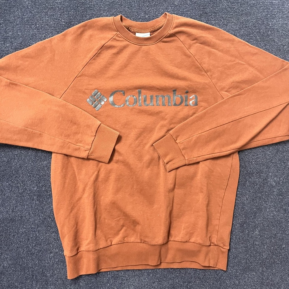 Columbia Sweatshirt Mens Medium Orange Crewneck Fleece Pullover Logo Raglan